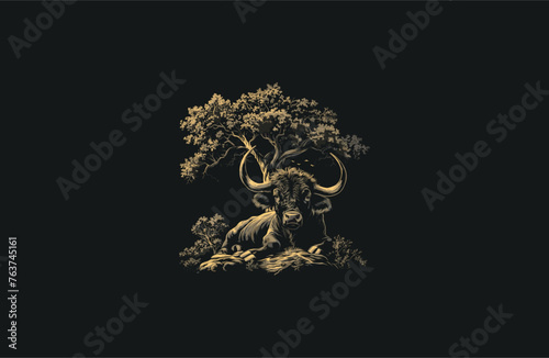 Bull Tree Night vector  illustration flat design