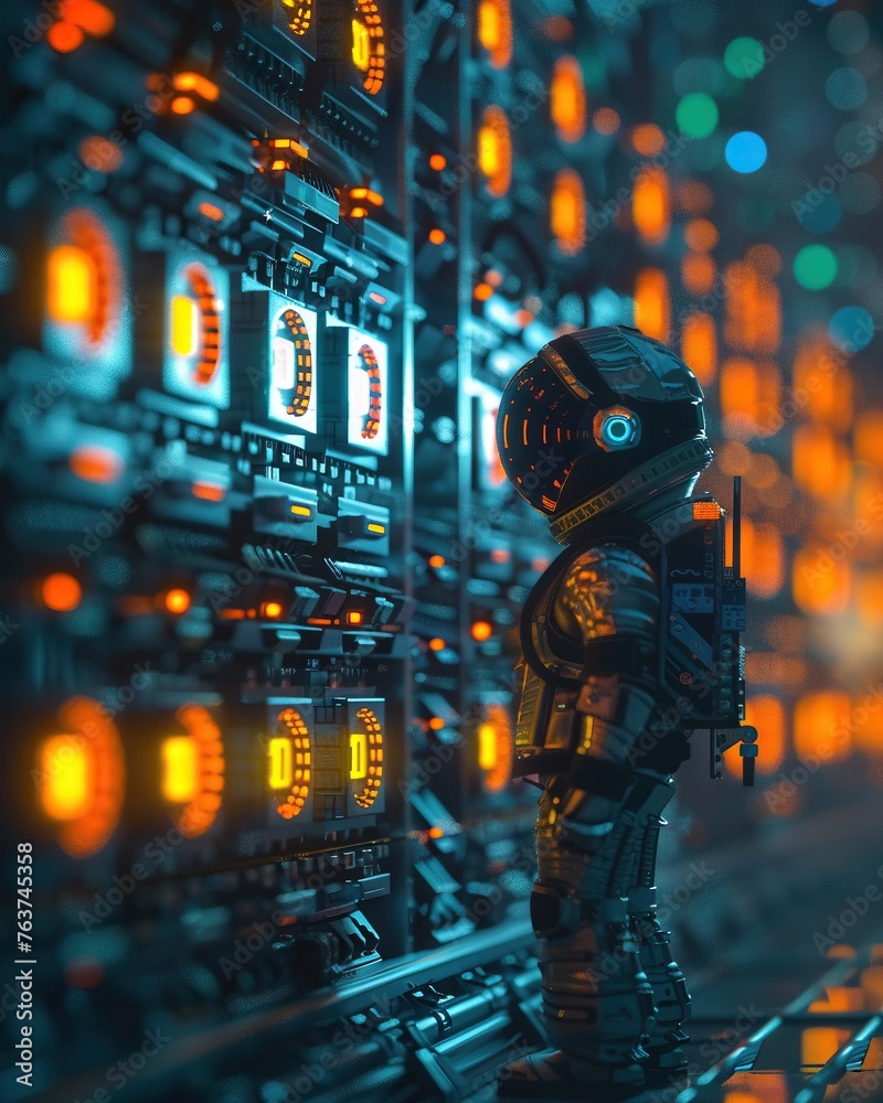 Digital Cryptocurrency Miner, Futuristic Robotic Astronaut, Inside the Digital Virtual Blockchain Wallet Vault Server Data Center Room