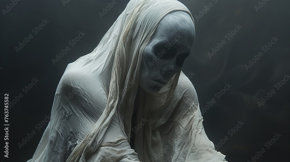 Spooky ghost sighting: figure draped in white sheet, haunting atmosphere, eerie presence felt nearby Spooky ghost sighting: figure draped in white sheet, haunting atmosphere, eerie presence felt nearby
