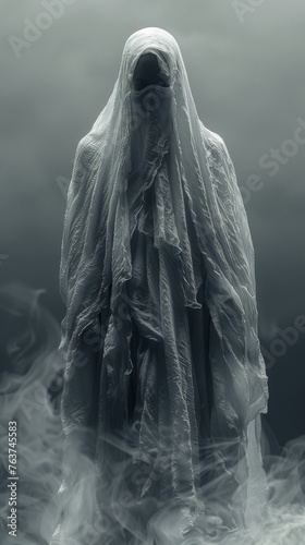 Spooky ghost sighting: figure draped in white sheet, haunting atmosphere, eerie presence felt nearby