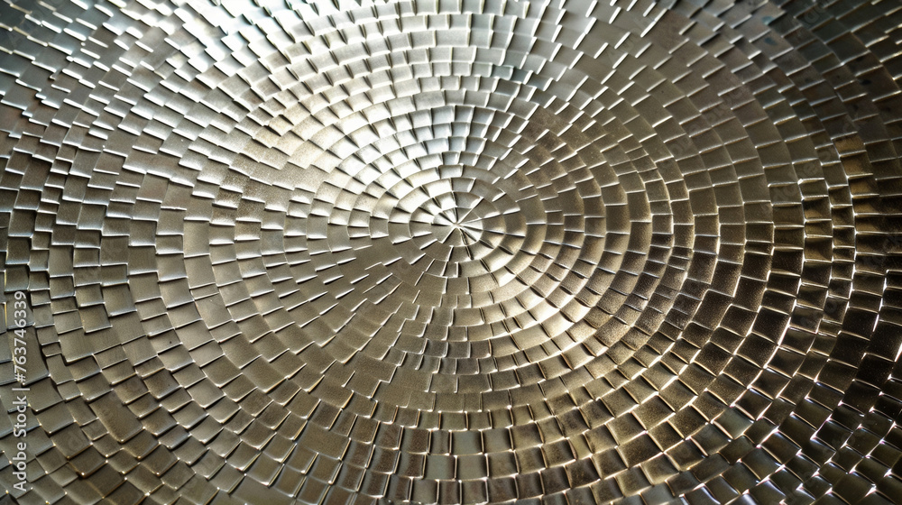 A topdown view of a large flat panel with a metallic surface. The panel is covered in a gridlike pattern composed of small highly reflective shapes. The pattern is arranged