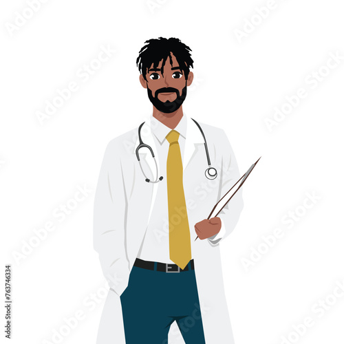 Happy Man Doctor or Physician in Uniform Standing with Clipboard and Stethoscope. Flat Vector Illustration Isolated on White Background