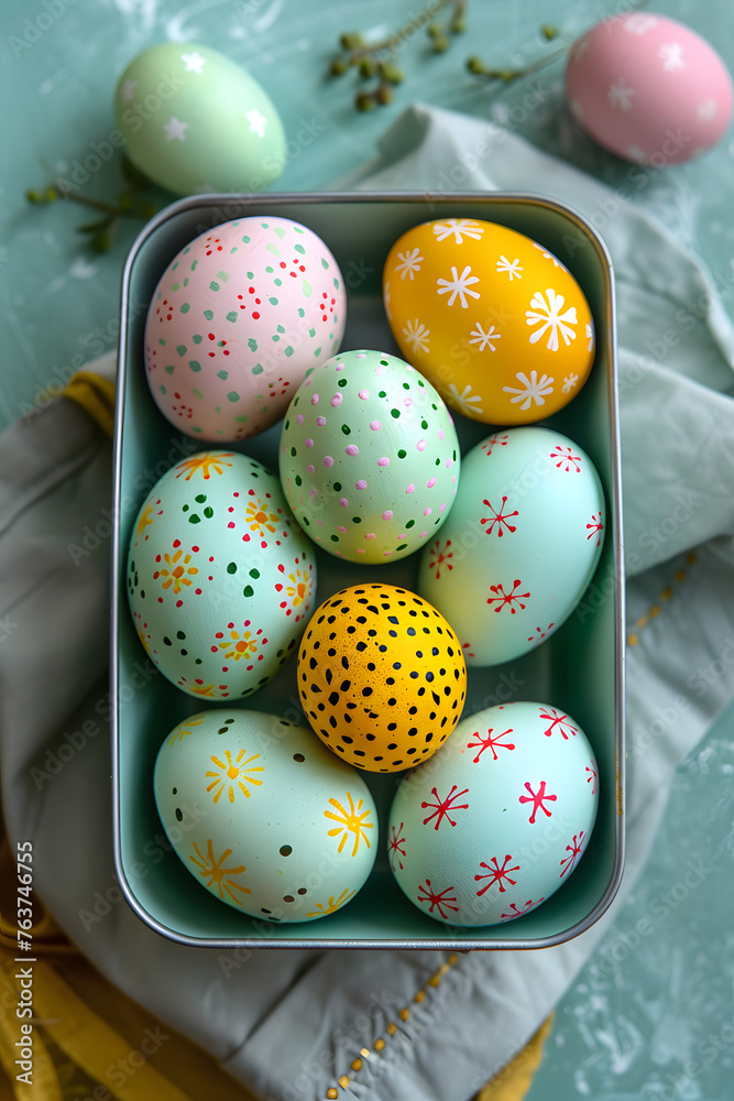 A table displays a tin filled with beautifully decorated Easter eggs. The patterned eggs add sweetness to the Easter cuisine spread A table displays a tin filled with beautifully decorated Easter eggs. The patterned eggs add sweetness to the Easter cuisine spread