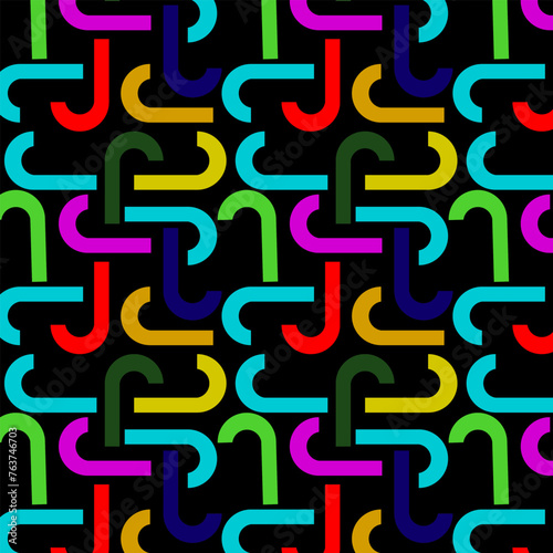 Set of drawings of primitive colored geometric hook-shaped figures. Seamless pattern on a black background. Creative collection of abstract art for kids or Christmas design. Drawing on fabric, backgro