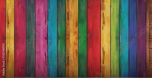 a close-up of a wooden fence painted in a rainbow of colors