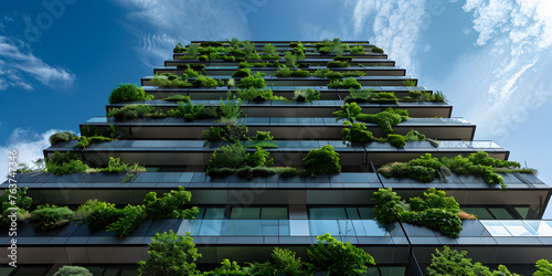    Ecofriendly building in the modern city Sustainable glass office building with tree ,  Green facade, vertical garden in architecture. Ecological building  photo