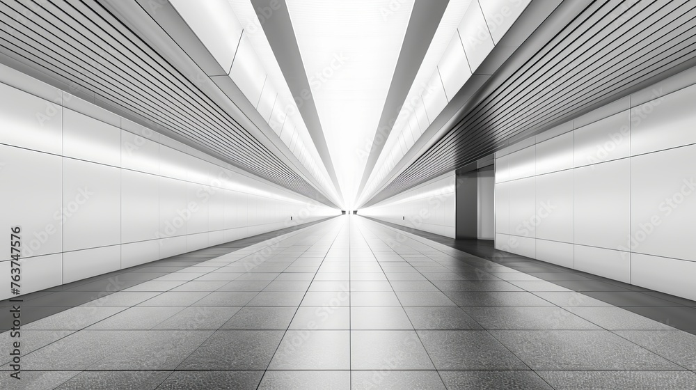 A picture of a 3D rendered corridor with soft and light design. minimalism and simple. modern and futuristic station hallway. lights on roof. windows on platform wall. AI Generated.