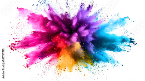 Craft an image with a vibrant and dynamic explosion of colored powder against a stark white background. 