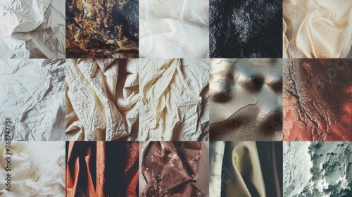 A series of polaroidstyle snapshots show the raw materials used in the creation of a garment from natural fibers like cotton and linen to synthetic fabrics like polyester