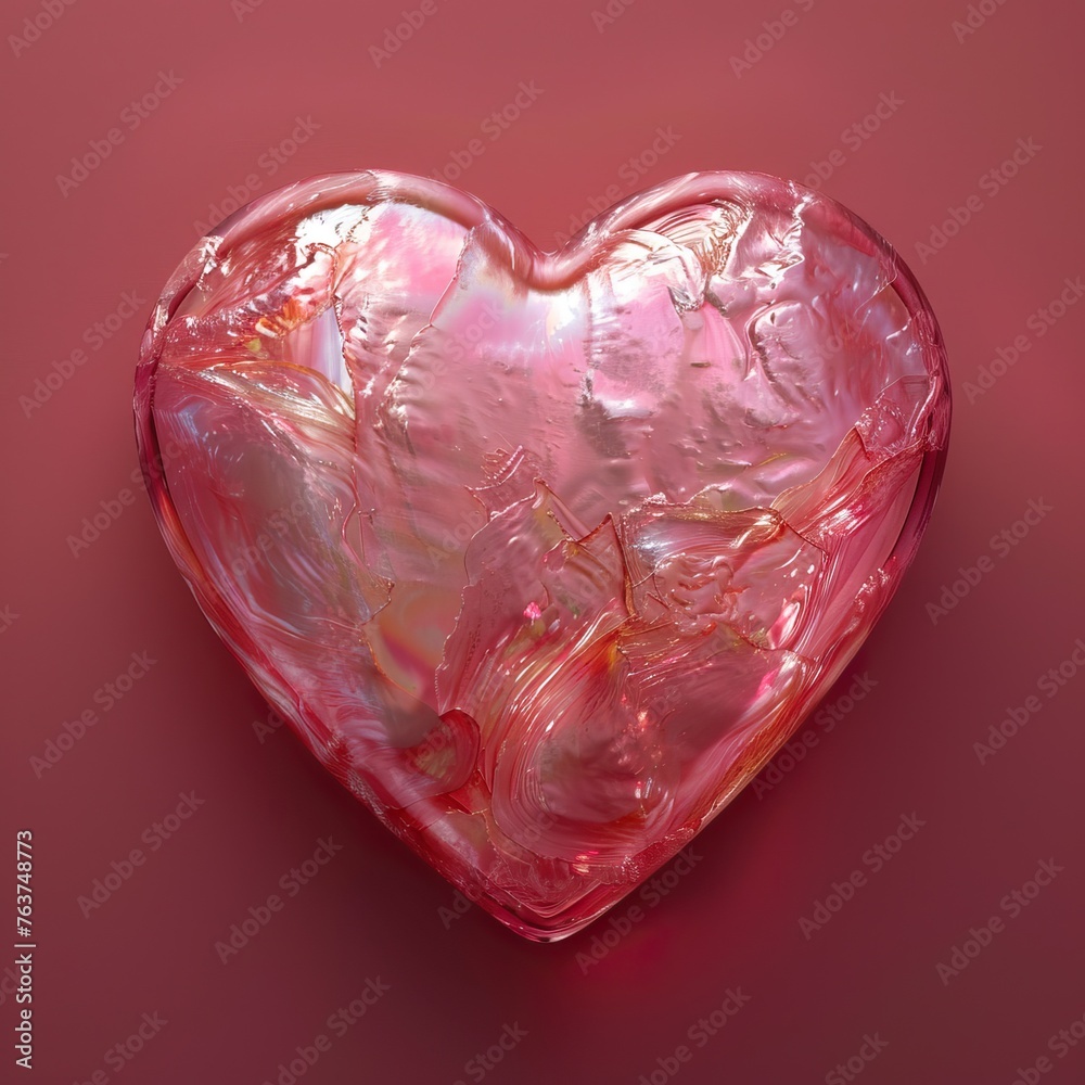 An artistic depiction of a mother-of-pearl pink glass heart, anatomically accurate and glowing softly against a deeper pink background, the contrast highlighting the heart's delicate beauty, An artistic depiction of a mother-of-pearl pink glass heart, anatomically accurate and glowing softly against a deeper pink background, the contrast highlighting the heart's delicate beauty,