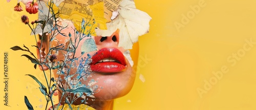 Modern design. Contemporary art. Colorful collage featuring summer emotions. The body is headed by a large female lip on a yellow background. Negative space allows for you to add your own text.
