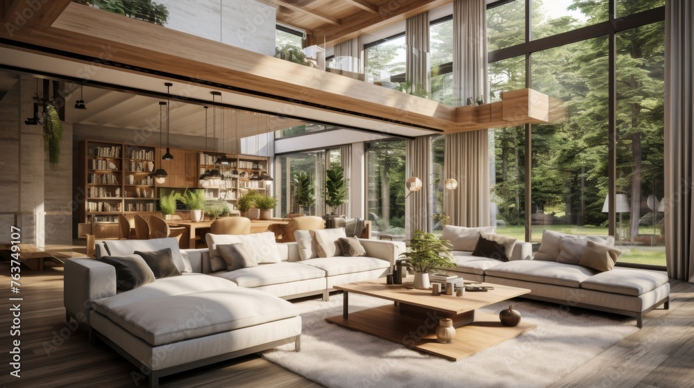 Cozy modern interior design of spacious living room