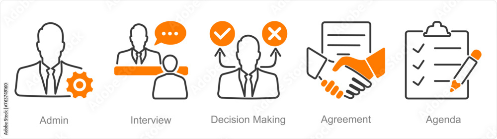 A set of 5 Meeting icons as admin, interview, decision making - obrazy, fototapety, plakaty 