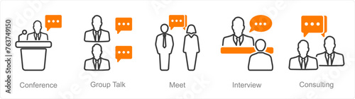 A set of 5 Meeting icons as conference, group talk, meet