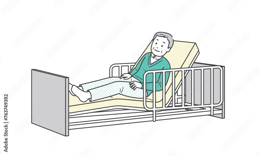 ベッドで横になる高齢男性と介護ベッドのイラスト