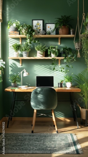 Green chair in front of desk with a laptop. A study area highlighted by green tones and wooden textures, features a laptop and comfortable chair among the plants photo