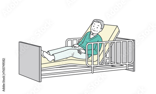ベッドで横になる高齢男性と介護ベッドのイラスト