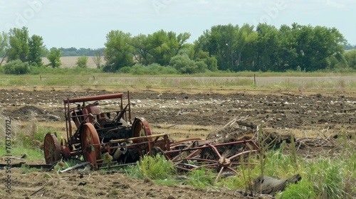 A desolate farmland littered with debris and overturned farming equipment a stark contrast to its former verdant state.