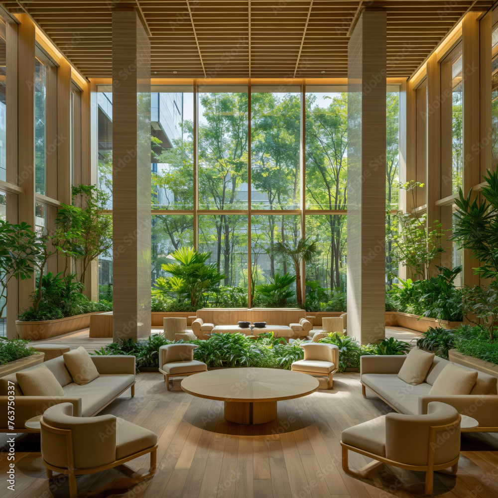 Elegant lobby with garden view at a luxury hotel. A hotel lobby showcasing wooden design elements and tall ceilings with a central view of lush garden greenery