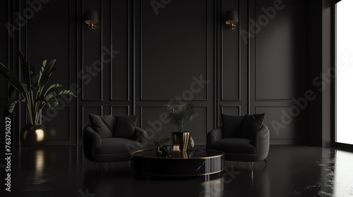 Luxury Living Room Interior Design on Black Background
