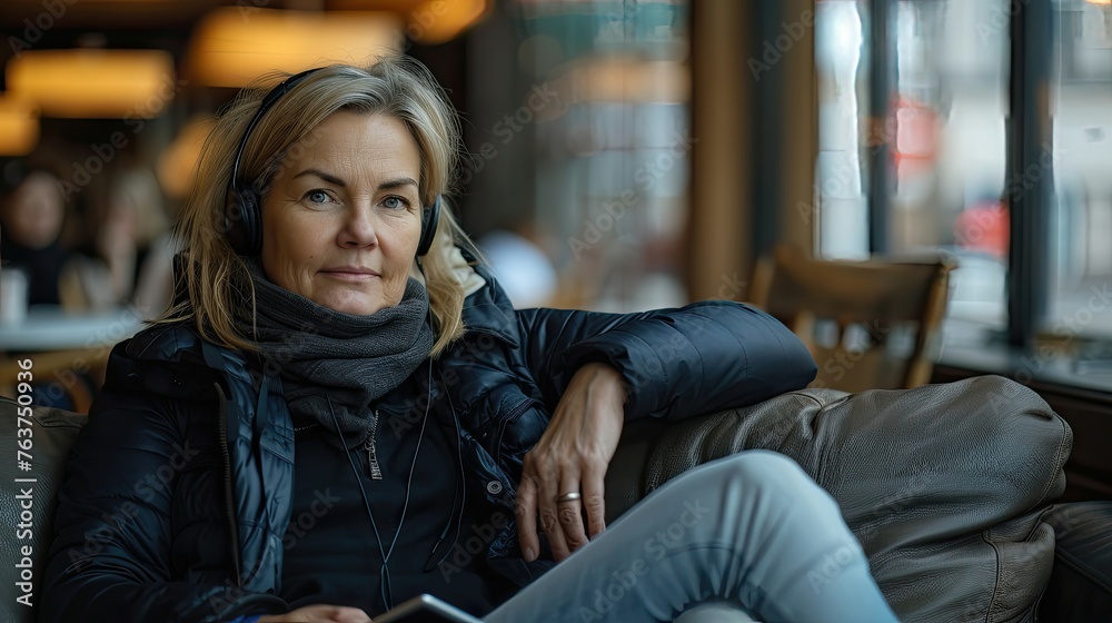 Fototapeta premium Mature woman with headphones relaxing in cafe.