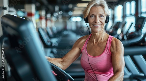 Fit senior woman with headphones using treadmill in the gym.