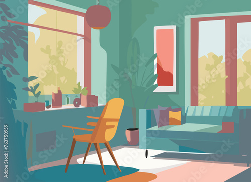 明るいポップな黄色い椅子のある部屋イラスト,generative ai