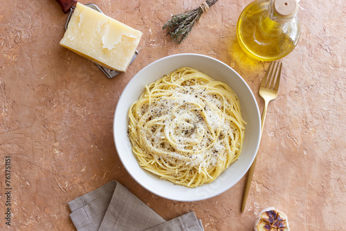 Roman pasta spaghetti with black pepper and cheese. Cacio e pepe. Recipes.