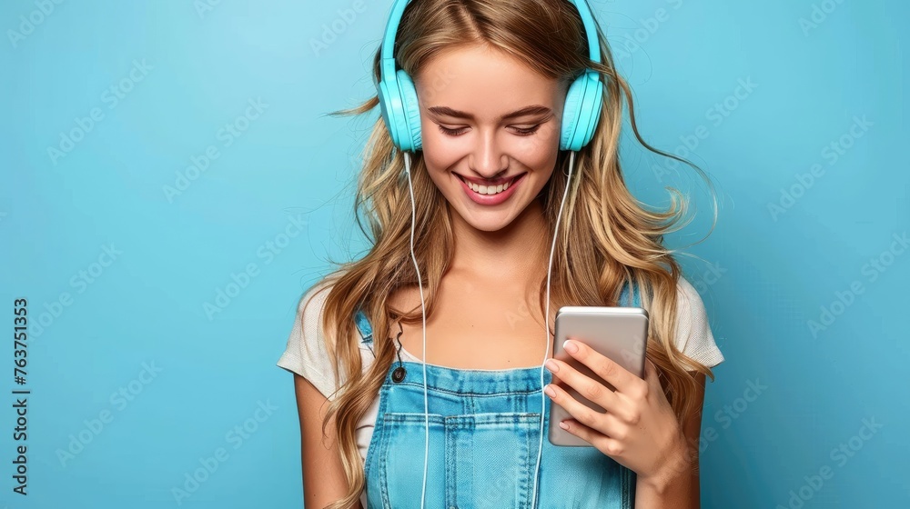 Naklejka premium Happy young woman enjoying music on headphones with phone.
