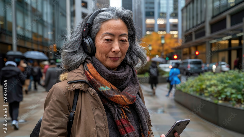 Mature woman with headphones using smartphone in city. Mature woman with headphones using smartphone in city.