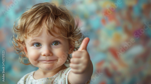 a toddler happy  big smiling broadly  giving a thumbs up on a studio background  half-shot free copy space