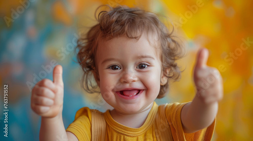 a toddler happy  big smiling broadly  giving a thumbs up on a studio background  half-shot free copy space
