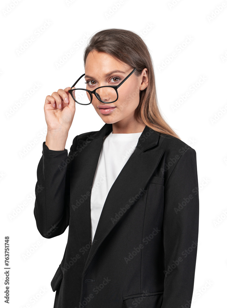 A woman in formal wear holding glasses, looking at the camera, isolated on a white background. Portrait and career concept A woman in formal wear holding glasses, looking at the camera, isolated on a white background. Portrait and career concept