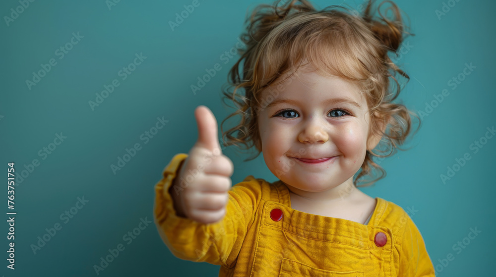 a toddler happy, big smiling broadly, giving a thumbs up on a studio background, half-shot free copy space a toddler happy, big smiling broadly, giving a thumbs up on a studio background, half-shot free copy space
