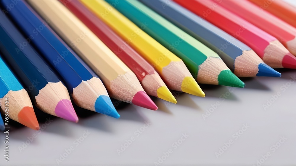 A close-up of a set of colored pencils, arranged in a row on a brown background. The pencils are in various colors and have pointed tips. A close-up of a set of colored pencils, arranged in a row on a brown background. The pencils are in various colors and have pointed tips.