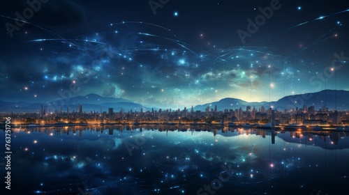 Blue-hued futuristic city skyline with reflections