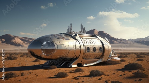 Futuristic spaceship. It has a domed top and a more rectangular bottom with a hatch on the side. The entire scene resembles a desert with small bushes scattered throughout the area.