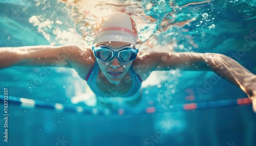 Professional Female swimming Athlete in action front angle view under and over water, aerobic swimmer, proudly represent and wearing the United States flag pattern on head covering and swim goggles photo