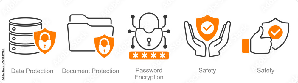 A set of 5 security icons as data protection, document protection, password encryption