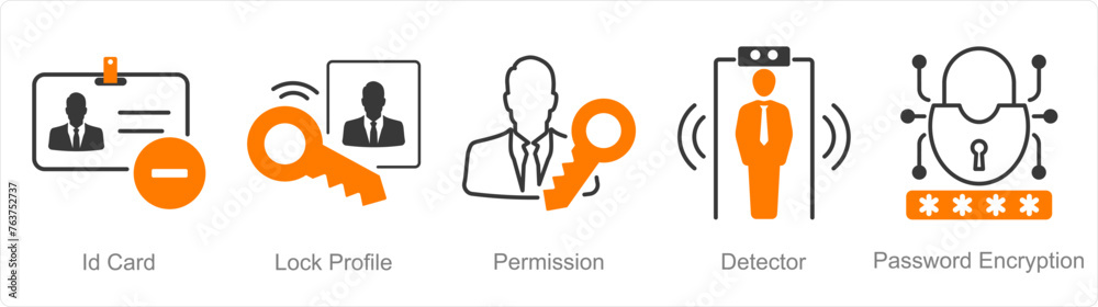 A set of 5 security icons as id card, lock profile, permission - obrazy, fototapety, plakaty 