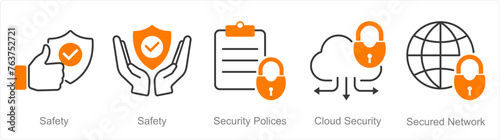 A set of 5 security icons as safety, security policies, cloud security