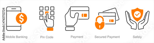 A set of 5 security icons as mobile banking, pin code, payment