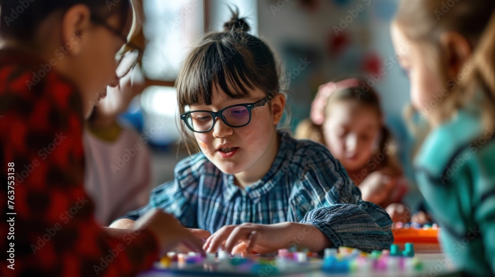A young girl in glasses with Down syndrome is focused on a task with colorful blocks.