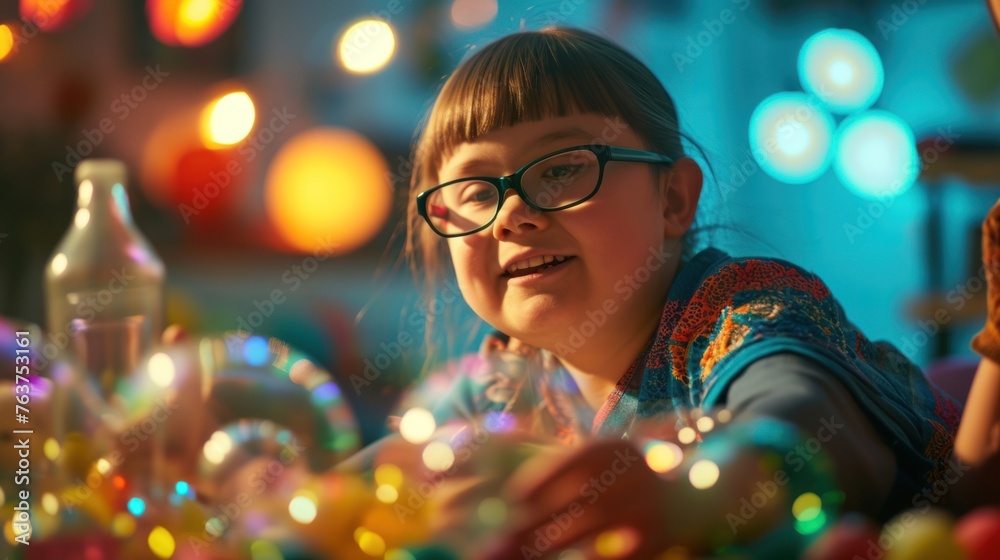 A young girl with glasses with Down syndrome sits at a table decorated with Christmas garlands. She looks happy. A young girl with glasses with Down syndrome sits at a table decorated with Christmas garlands. She looks happy.