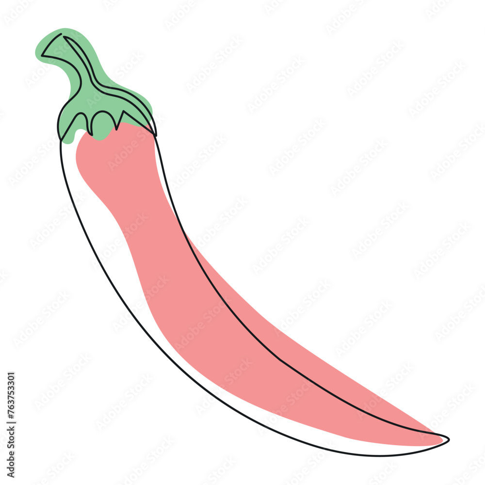 Hot chili pepper drawn in one line. Fresh Chili pepper concept for vegetable icon with color spots Hot chili pepper drawn in one line. Fresh Chili pepper concept for vegetable icon with color spots