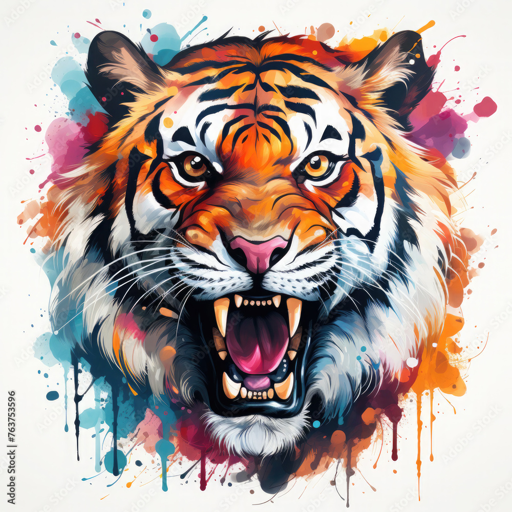 Watercolor Roaring Tiger Illustration, Generative Ai