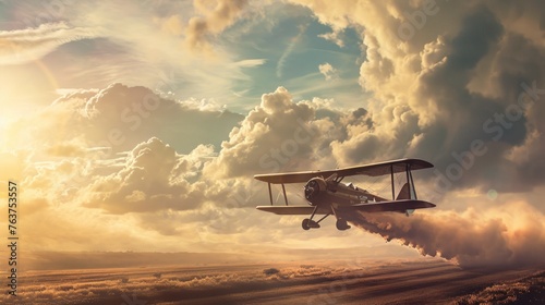 A small plane flies across a cloudy sky over arable land, leaving behind sprayed reagents. The sun sets, flooding the area with warm light. photo