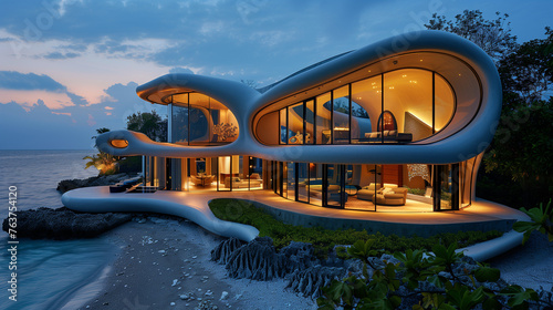 Futuristic Beachfront Villa at Twilight
