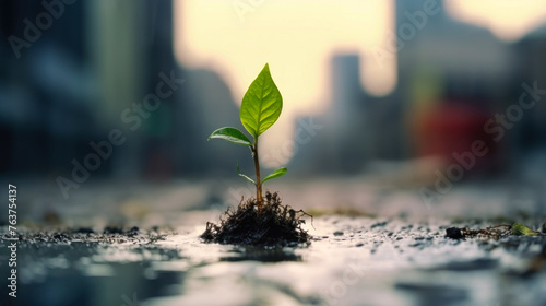 A small green plant sprouting from the asphalt in the city center, symbolizing ecology and nature conservation