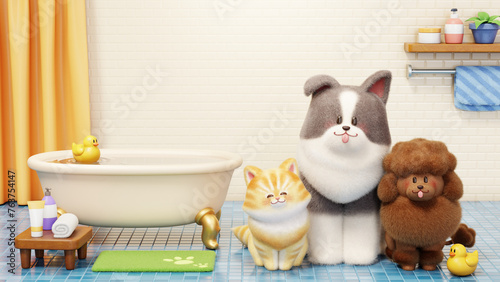 3D Cute pets shower time banner